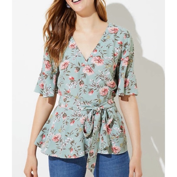 LOFT Tops - LOFT Light Green Floral Flutter Wrap Blouse - XL